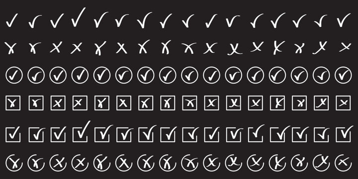 Hand drawn check and cross icons set in circle and square outline checklist marks vector illustration. Check tick mark icon set. Cross box x check mark checkbox v list vector draw hand drawn sketch