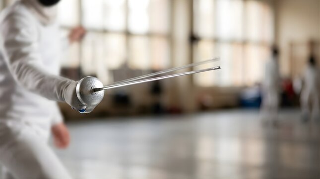 Fencer holding a foil weapon during training practice in a gym hall
