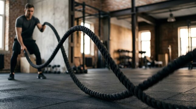 Fit man performing battle rope workout exercises in a crossfit gym