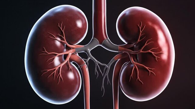 Ultra realistic medical CGI render of human kidneys gently floating with slow natural movement detailed anatomical textures reflective soft tissue surface red and blue ambient highlights dark cinemati