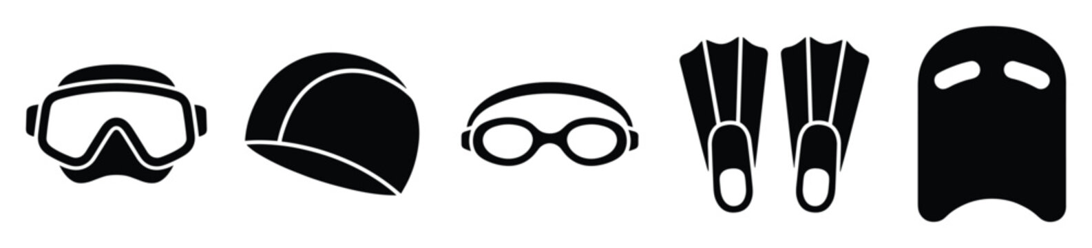 Set of essential aquatic sports equipment with dive mask, swim cap, goggles, fins, and kickboard