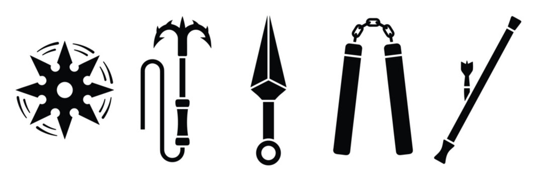 Set of traditional ninja weapons icons including shuriken kunai nunchaku and blowgun for martial