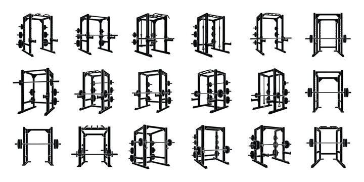 Set of gym power racks and squat machines for strength training and fitness workout.