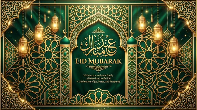 Eid mubarak green and gold islamic celebration background with ornate lanterns