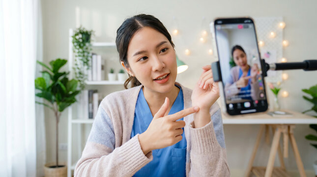 Young Asian nurse and wellness vlogger recording a live video call on a smartphone explaining wrist pain physiotherapy. Telemedicine and digital health care concept.