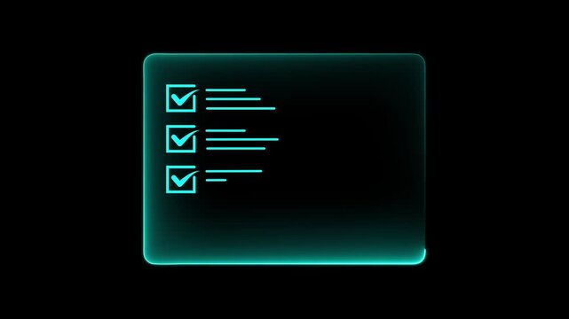 Cyan neon checklist with star rating icon representing business quality standards and feedback concept