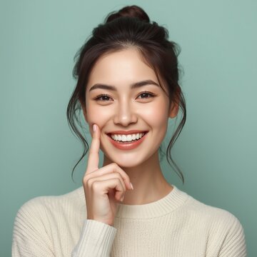 A radiant young Asian woman with a charming dimpled smile touches her cheek while wearing a cream-colored knit sweater against a solid sage green background.