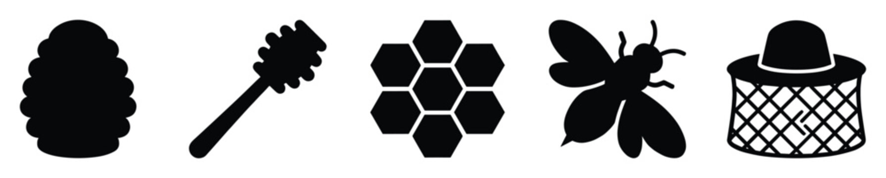 Set of essential beekeeping and honey icons for food production and agriculture designs