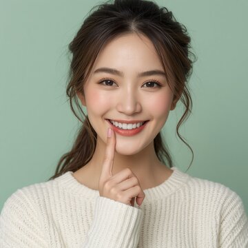 A cheerful young Asian woman with a bright, toothy smile wears gold hoop earrings and a white crochet knit sweater while gently resting her chin on her hand against a mint green background.
