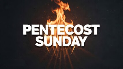 Fototapeta premium Fire illuminating pentecost sunday words on dark background perfect for religious services, social media posts, church newsletters, and event promotions.