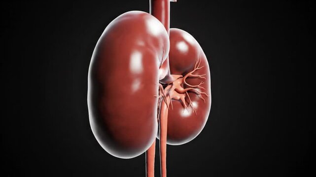 Cinematic scientific visualization realistic human kidneys suspended in mid air soft studio lighting detailed renal contours subtle biological texture glossy reflections static camera smooth shadow gr