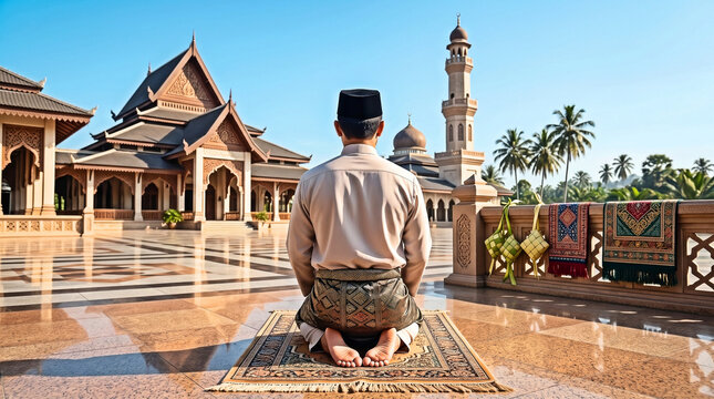 Muslim Man Praying Before Traditional Mosque with Ketupat and Batik Decoration Eid