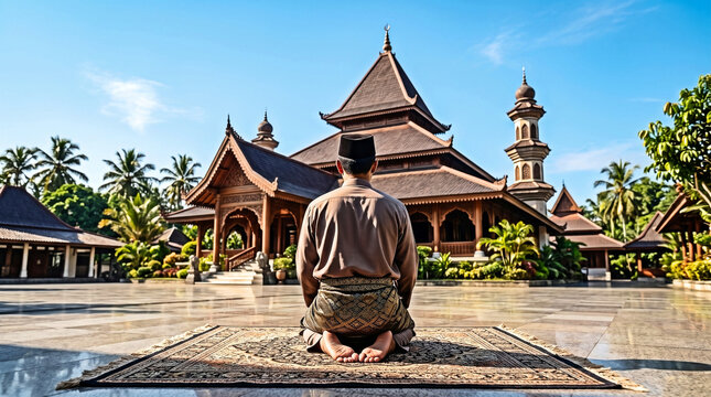 Muslim Man in Kopiah Sarung Praying Before Traditional Javanese Mosque Daytime
