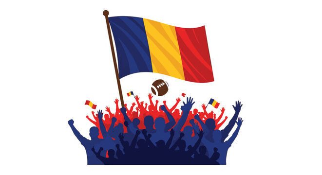 Romanian National Flag with Traditional Folk Embroidery Patterns and Geometric Ethnic Motifs on the Vertical Tricolor Background of Blue Yellow and Red Stripes Vector Graphic