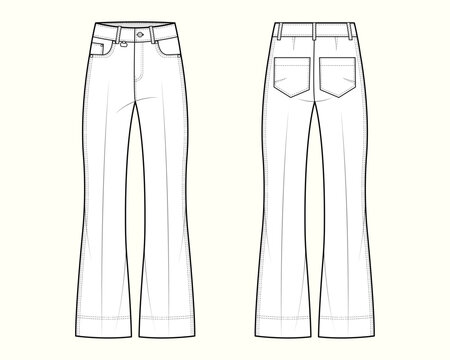 Retro-Modern High-Waisted Flare Jeans Technical Flat Sketch Template