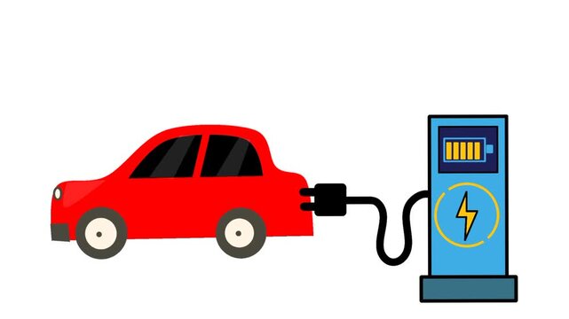 Electric vehicle charging station with car connected to power charger in modern transportation concept. Clean energy and sustainable mobility illustration