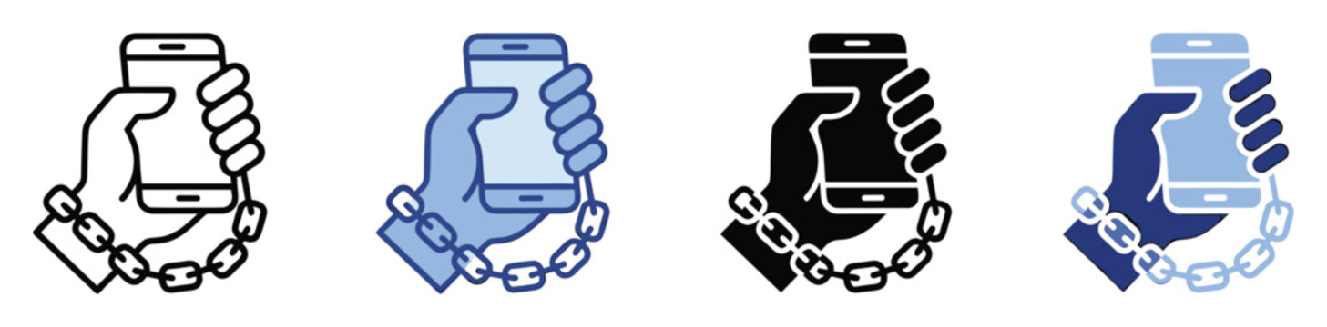 Set of icons depicting a hand chained to a smartphone, symbolizing digital addiction and overuse.