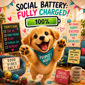 Adorable Puppy with Social Battery Fully Charged Sign in Vibrant Home Setting for Introvert Extrovert Concept