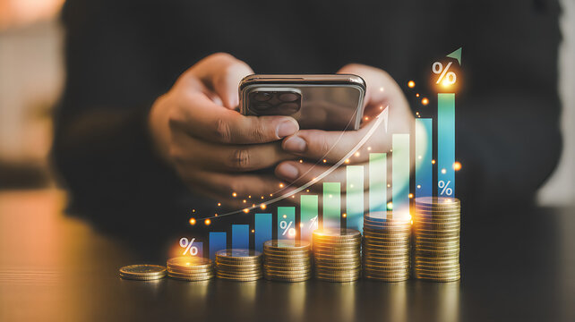 Hand holding smartphone with money stack