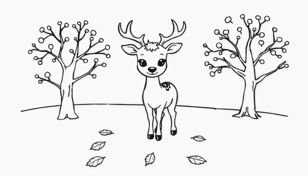 Cute cartoon deer standing between trees in autumn scenery with fallen leaves