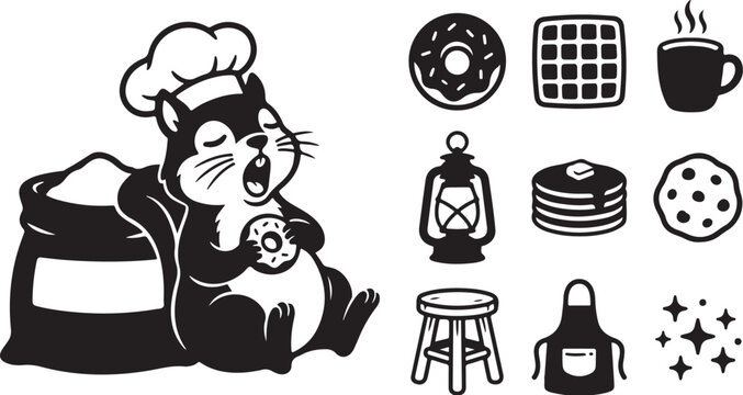 Cute cartoon cat chef with food icons around