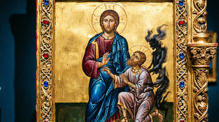 Obraz premium Jesus commands divine power and mercy to free a demon-possessed man from darkness and heavy chains.