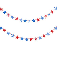 Obraz premium Red white and blue star bunting hanging in curved display against white background