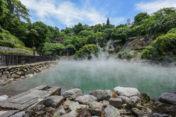 Naklejka premium Landscape View Of Thermal (Hell) Valley, The Sources Of Beitou's Famous Hot Springs, Yangmingshan National Park, Taipei, Taiwan