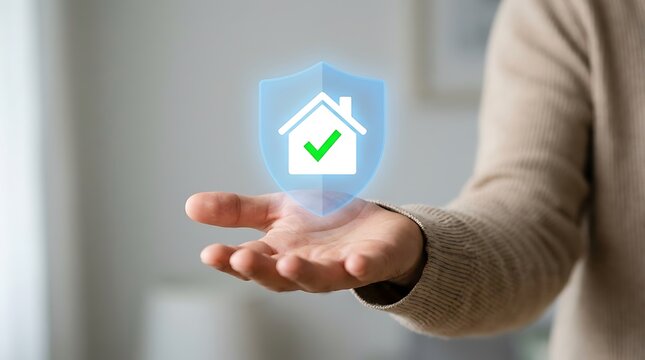 Person holding house shield with green check mark