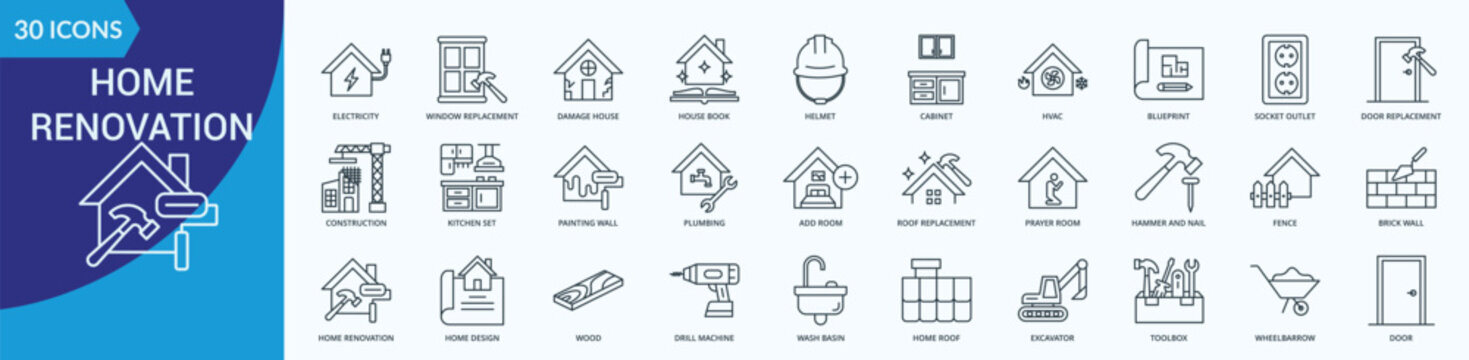 Home Renovation Icon Set Illustration Vector Outline Style with helmet, house book, damage house, window replacement, electricity