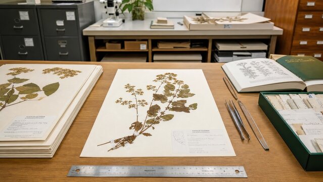 Close-up view of botanical specimens displayed on a wooden table in a research lab with books and tools for studying plant species