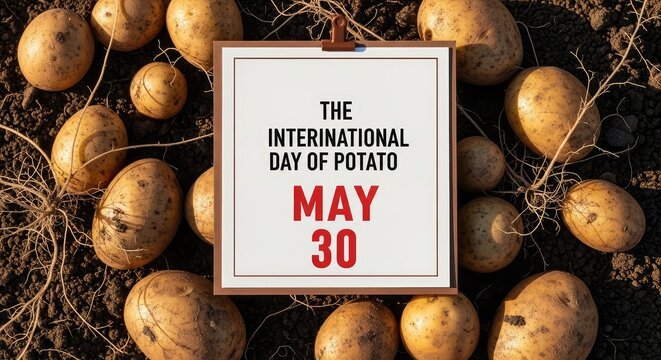International day of potato sign template surrounded by raw unpeeled potatoes texture background layout