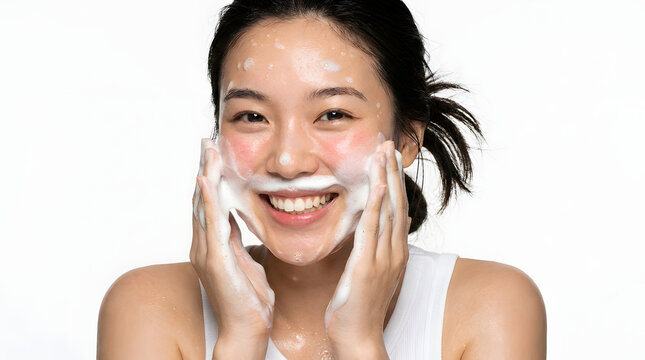 Smiling young woman using white facial cleanser on her fresh skin. Suitable for skincare, beauty, hygiene, cosmetics, and wellness concepts.
