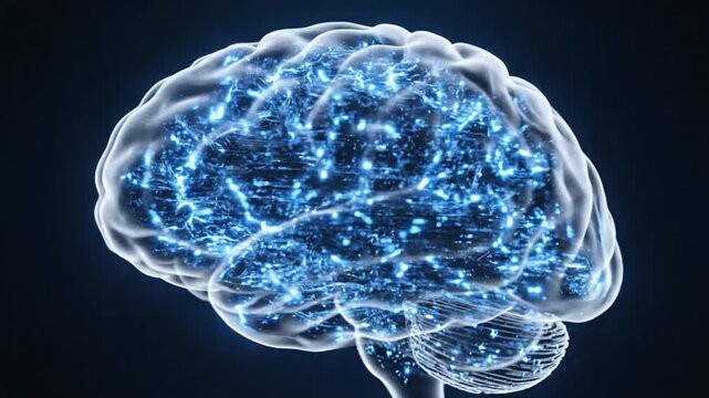 Glowing human brain with blue electrical energy discharges.