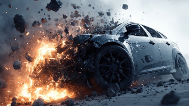 Car exploding with fire and debris in a dramatic action scene.