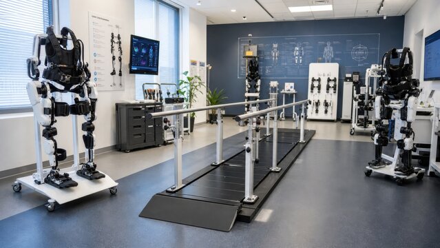 Robotic exoskeletons displayed in a testing facility for rehabilitation and mobility support during a training session for researchers and developers