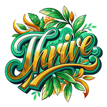 Close-up uplifting typography featuring the word ThRIVE in elegant mixed-case lettering with vibrant green and golden gradient accents, subtle leaf and sunlight details flowing through the text, smoot