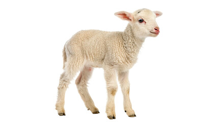 A small cute young domestic white sheep lamb livestock animal standing side view profile isolated on transparent background PNG cut out © Olga