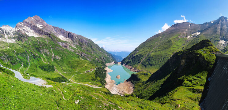 Panoramic view of Reservoir Mooserboden lake in mountains of the Hohe Tauern near Kaprun, Austria Alps.