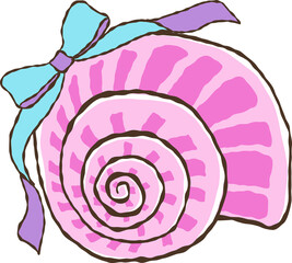 Obraz premium Pink spiral conch shell with orange lines and blue ribbon bow hand drawn
