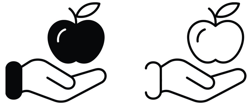 Minimalist hand holding apple icon set with filled and outlined styles symbolizing health, nutrition, and care.