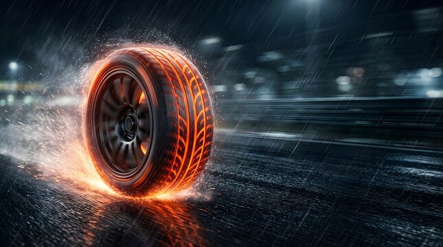 Racing car tire spinning on wet track at night with heat and friction sparks