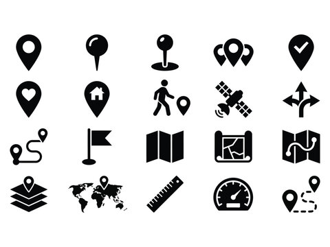 Black glyph icon set for location services navigation and geographic data visualization