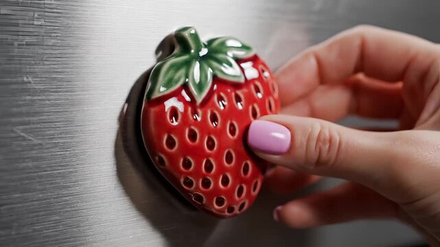Closeup of a hand placing a strawberry magnet on a metallic surface.