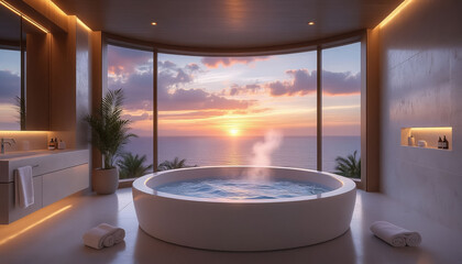 Plakat Luxury Spa Hotel with Round Jacuzzi Tub, Panoramic Window Overlooking Sea, Penthouse for Relax or Honeymoon Concept