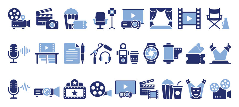 Set of film cinema video production and audio recording icons for entertainment media graphics