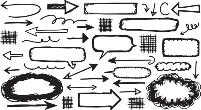 A comprehensive, hand-drawn white-on-black vector set featuring diverse arrows, speech bubbles, textured frames, and callouts for creative annotation.