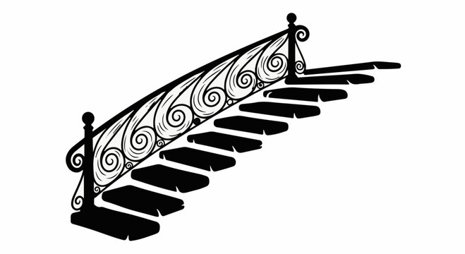 Elegant curved staircase with ornate railing, leading upwards with shadow detail