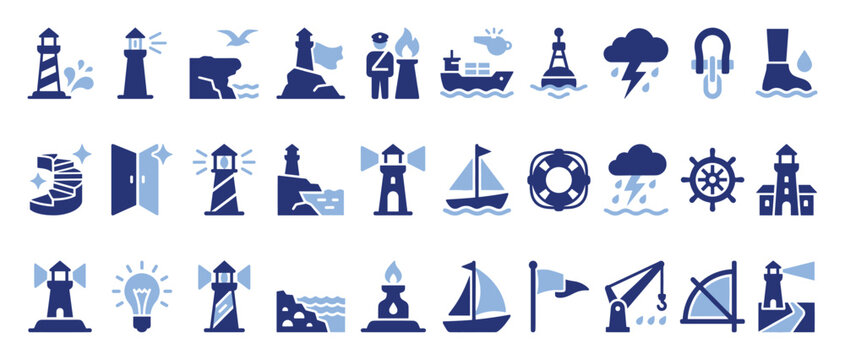 Set of lighthouse and marine navigation icons for coastal themes and oceanic adventure applications