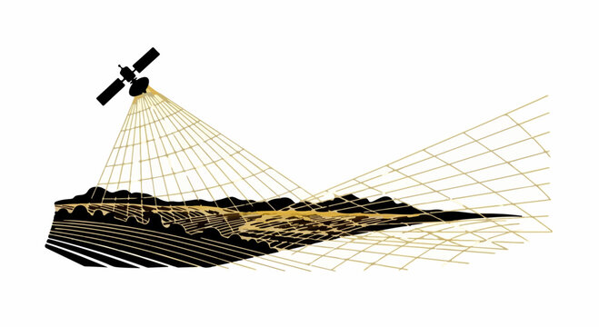 Satellite scanning a topographical landscape with a digital grid overlay, representing data collection and mapping.